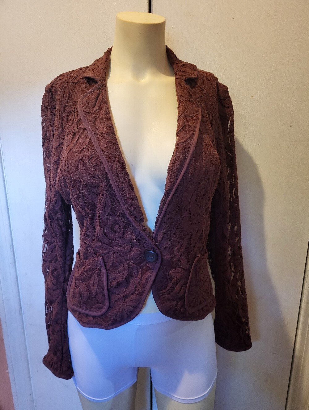Lace Textured Single-Button Blazer Jacket - Deep Maroon, INC brand